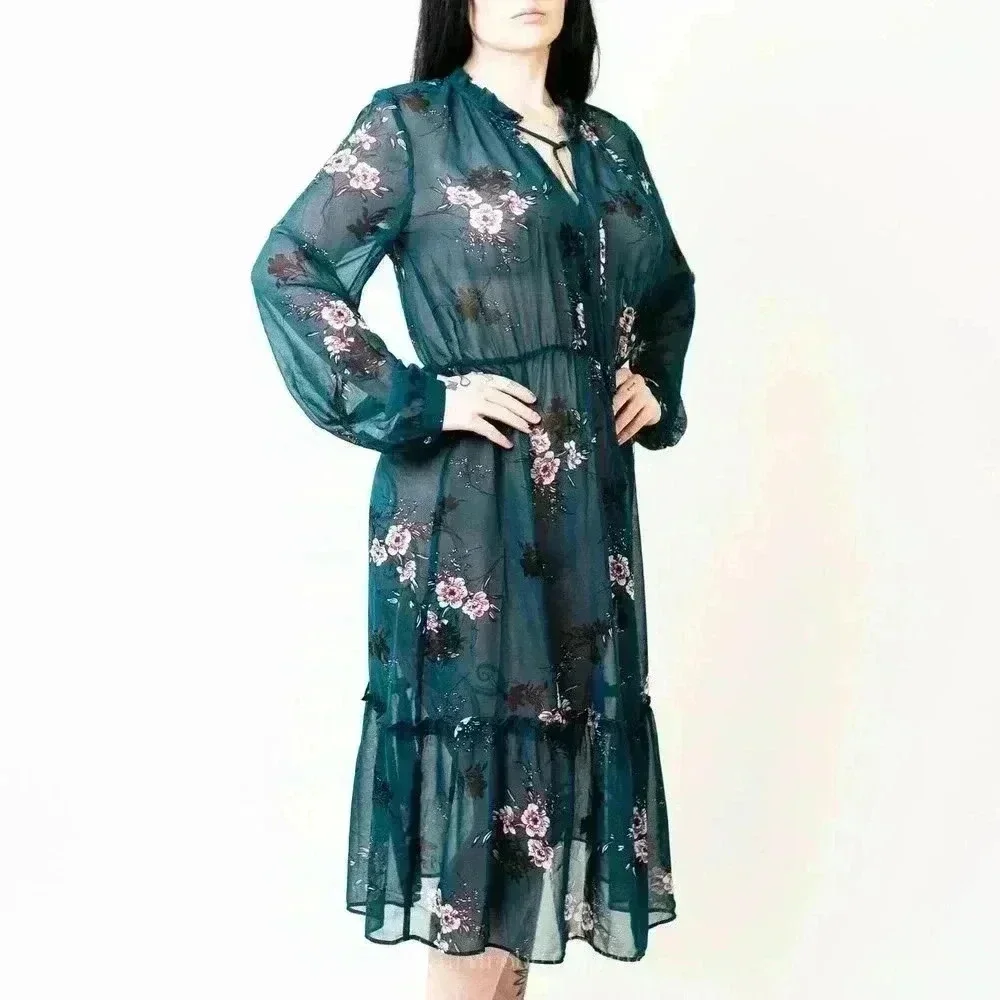 Lulus Newell Teal Green Sheer Floral Print Midi Dress - L - Picture 3 of 8